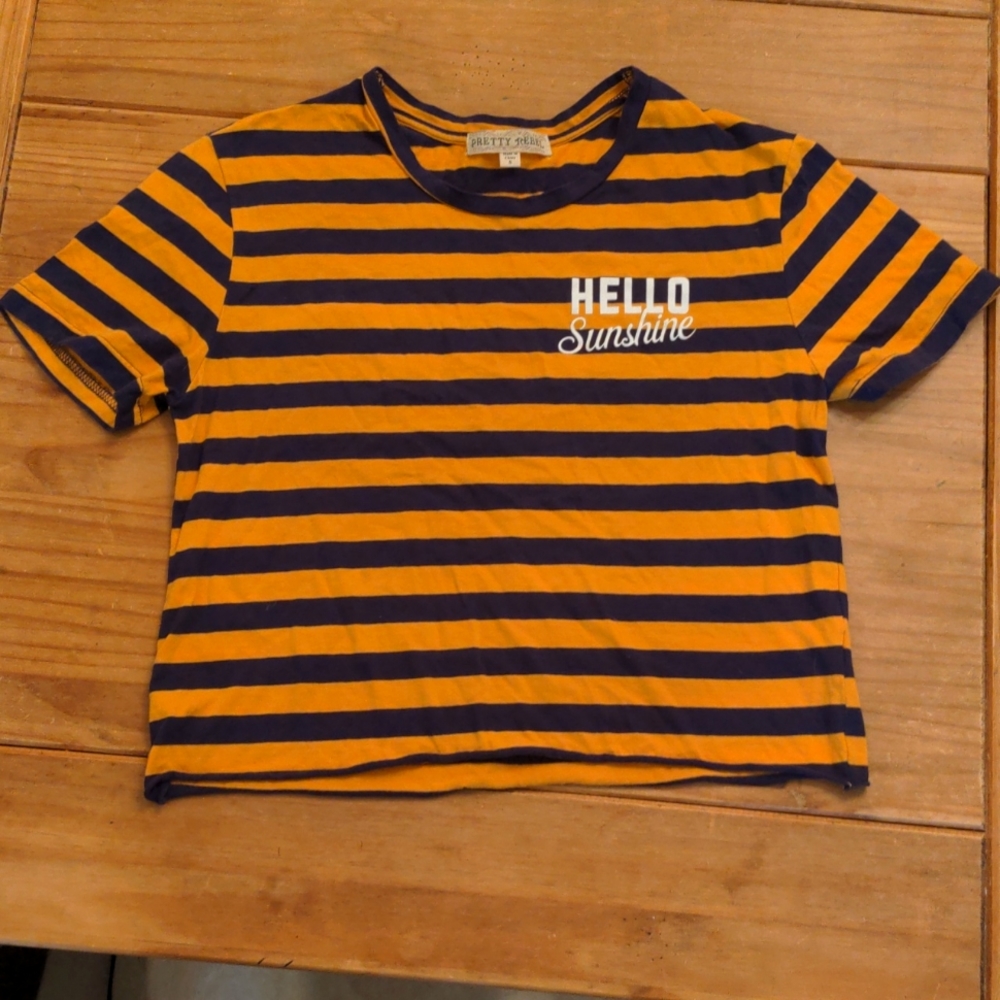 Pretty Rebel Gold and Navy Striped Tee with  Raw Finish Bottom Hem, Small